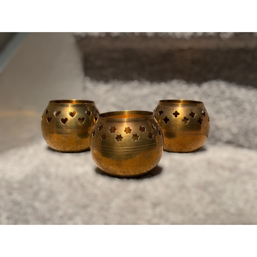 Vintage Brass Cut Out Candle Holders Set of 3 Boho India Hollywood Regency‎